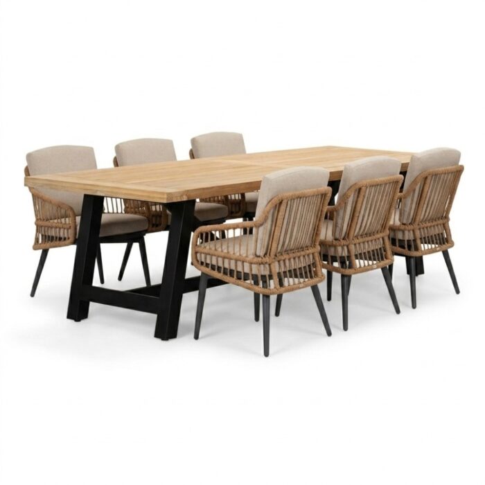 LUX outdoor living James/Alicante zand dining tuinset | 6 personen | teakhout + wicker | 260cm – Natural Teak