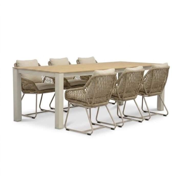 LUX outdoor living Manhattan beige/Portofino Sandstone dining tuinset | 6 personen | polywood + touw | 240cm – Taupe – Naturel – Bruin, Beige