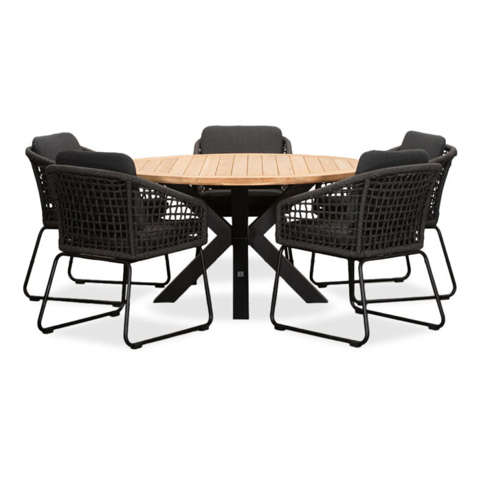 LUX outdoor living Cleve/Tulum Lava Grey dining tuinset | 5 personen | teakhout + touw | 140cm rond – Grijs