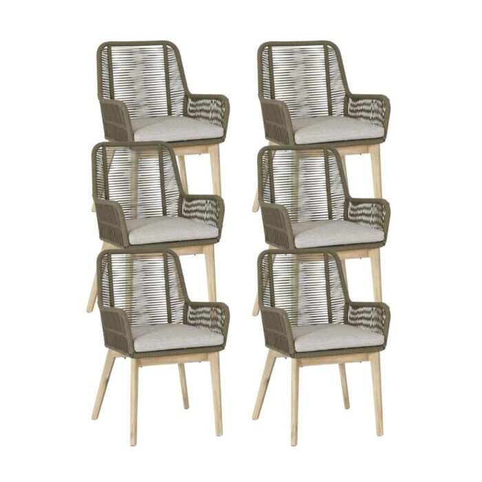 BUITEN living Padua dining tuinstoel set van 6 | touw + hardhout | olijfgroen