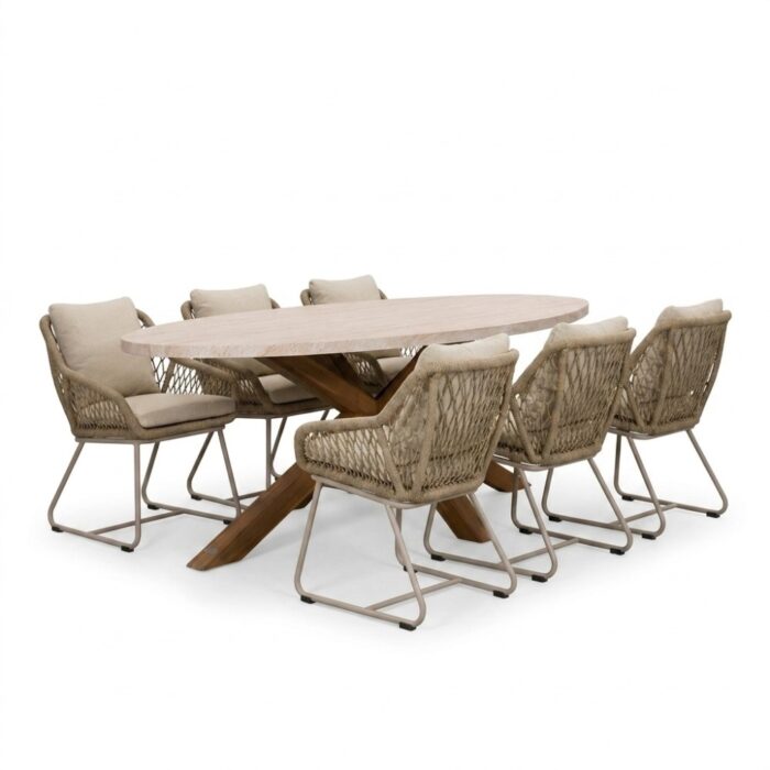 BUITEN living Lorento/Portofino Sandstone dining tuinset | 6 personen | polystone + touw | 240cm ovaal – Taupe – Naturel – Bruin, Beige