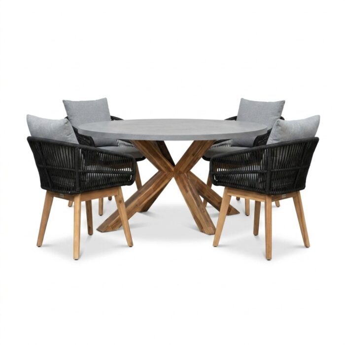BUITEN living Livorno/Bella zwart dining tuinset | 4 personen | polystone + touw | 200cm