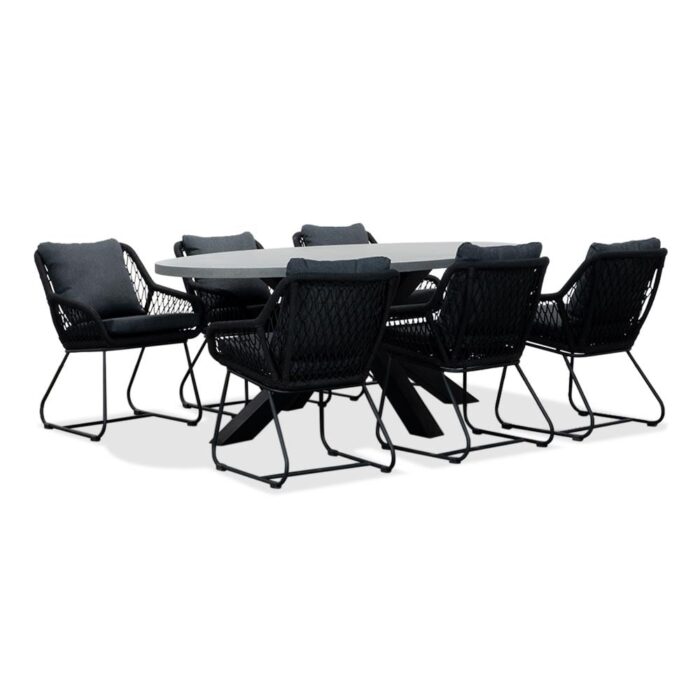 BUITEN living Stockholm/Portofino zwart dining tuinset | 6 personen | betonlook + touw | 200cm ovaal
