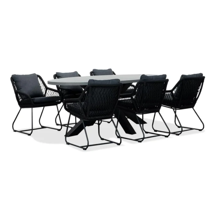 BUITEN living Stockholm/Portofino zwart dining tuinset | 6 personen | betonlook + touw | 200cm ovaal