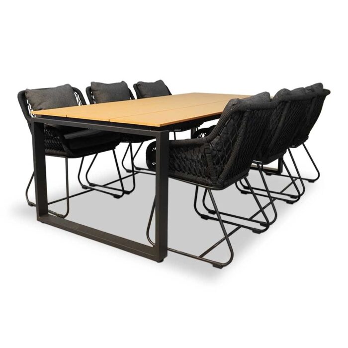 LUX outdoor living Helsinki Natural/Portofino zwart dining tuinset | 6 personen | polywood + touw | 210cm – Light Teak, Zwart