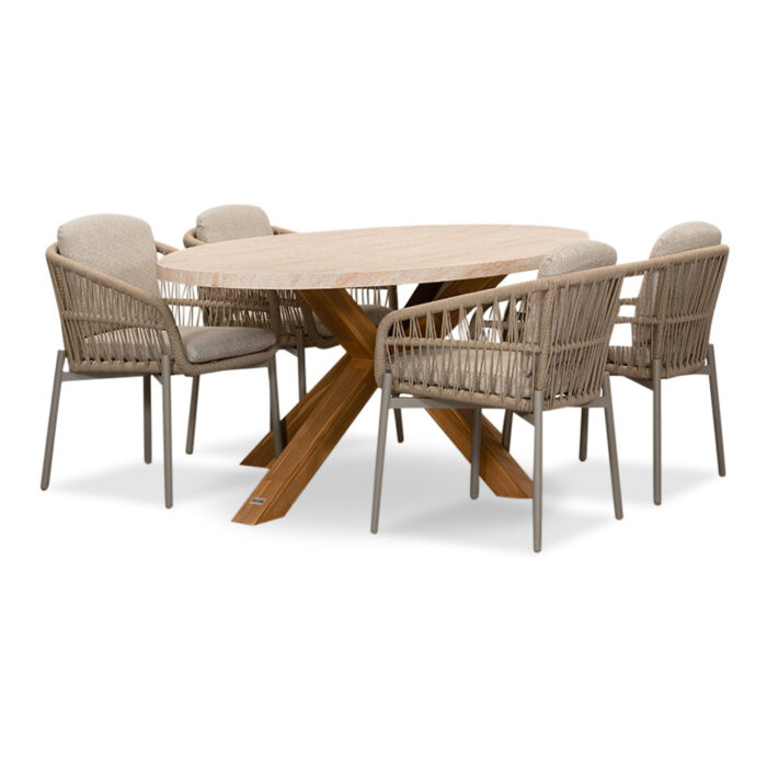 BUITEN living Lorento/Rico zand dining tuinset | 4 personen | travertin + touw | 200cm