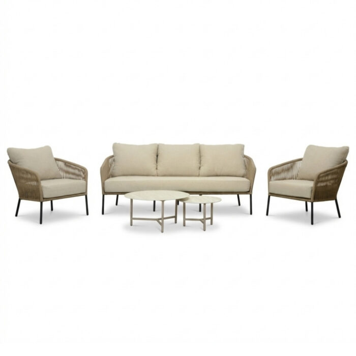 BUITEN living Mara stoel-bank loungeset 5 personen incl. Logan tafels | touw + aluminium | Sahara Dust | 5-delig