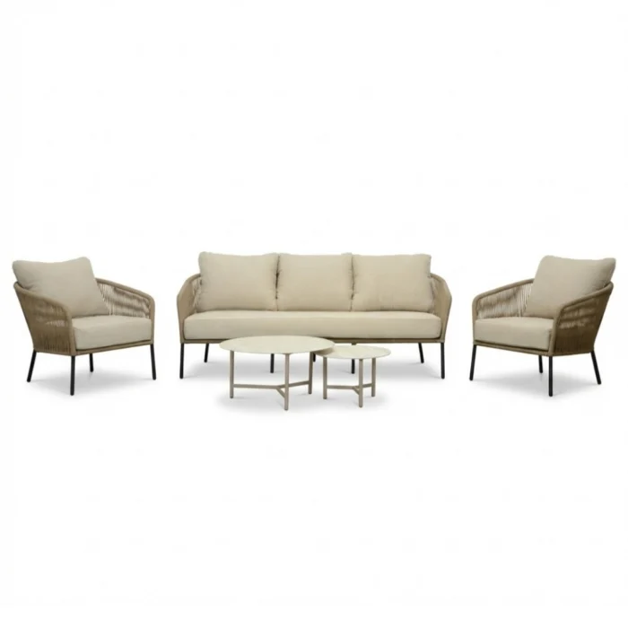 BUITEN living Mara stoel-bank loungeset 5 personen incl. Logan tafels | touw + aluminium | Sahara Dust | 5-delig