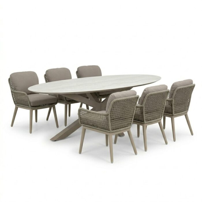LUX outdoor living Calma Marble Latte/Mila beige low dining tuinset | 6 personen | sintered stone + touw | 240cm ovaal