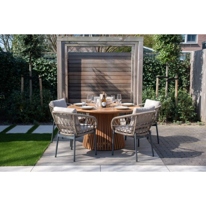 BUITEN living Palau/Dakota beige/antraciet dining tuinset | 4 personen | teakhout + touw | 120cm rond