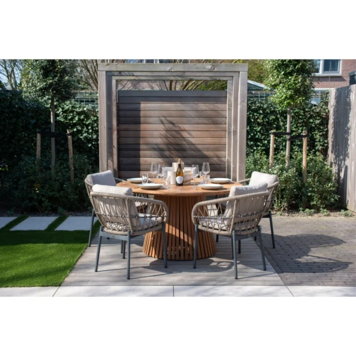 BUITEN living Palau/Dakota beige/antraciet dining tuinset | 4 personen | teakhout + touw | 120cm rond