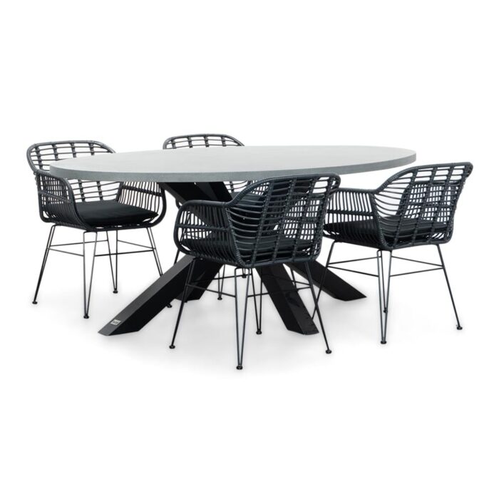 BUITEN living Stockholm/Napels dining tuinset | 4 personen | betonlook + wicker | 200cm ovaal – Zwart