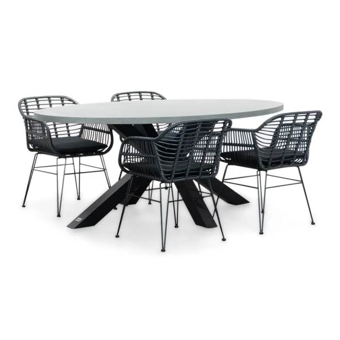 BUITEN living Stockholm/Napels dining tuinset | 4 personen | betonlook + wicker | 200cm ovaal - Zwart