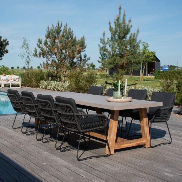 BUITEN living Veltis/Harper Lava Grey dining tuinset | 8 personen | betonlook + touw | 300cm – Grijs
