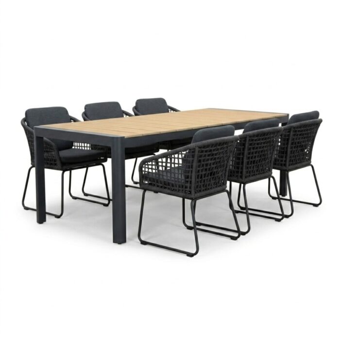 LUX outdoor living Liverpool/Tulum Lava Grey dining tuinset | 6 personen | polywood + touw | 205cm – Grijs