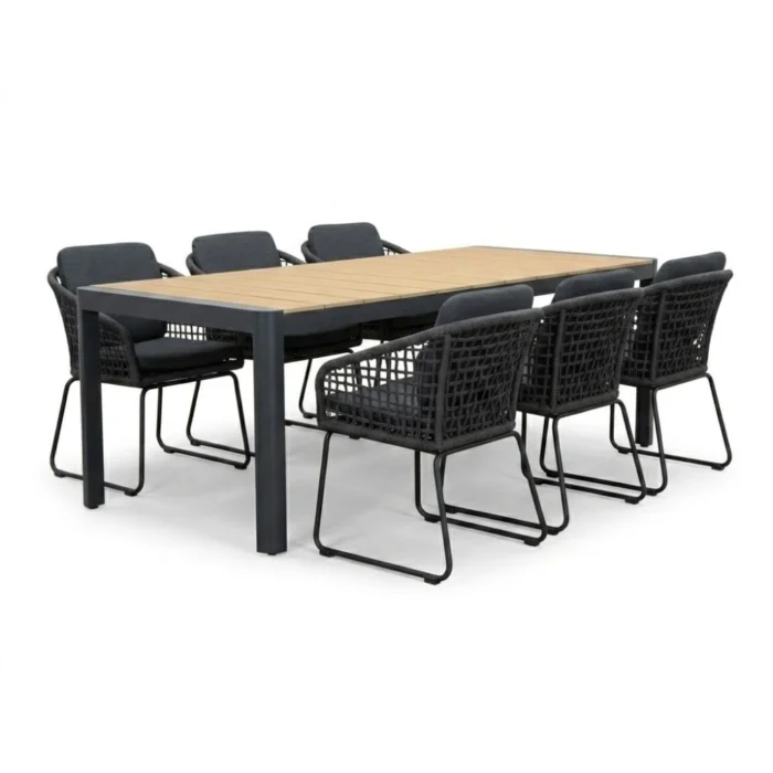 LUX outdoor living Liverpool/Tulum Lava Grey dining tuinset | 6 personen | polywood + touw | 205cm - Grijs