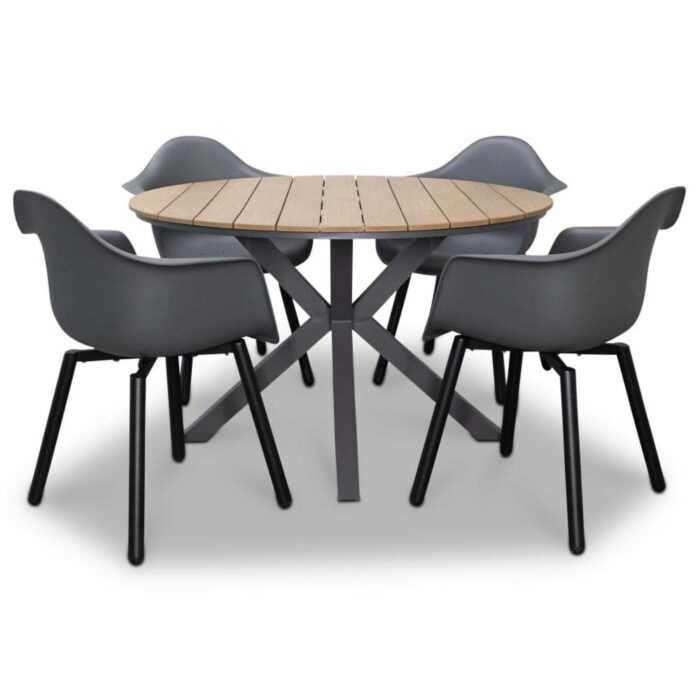 LUX outdoor living Cervo/Montreux dining tuinset | 4 personen | 120cm rond – Light Teak, Zwart, Antraciet