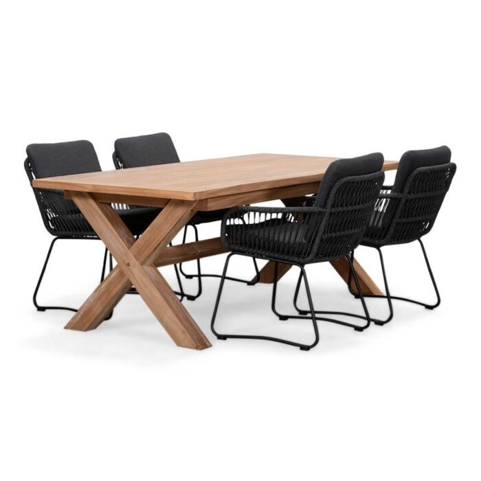 BUITEN living Riga/Harper Lava Grey dining tuinset | 4 personen | teakhout + touw | 200cm – Grijs