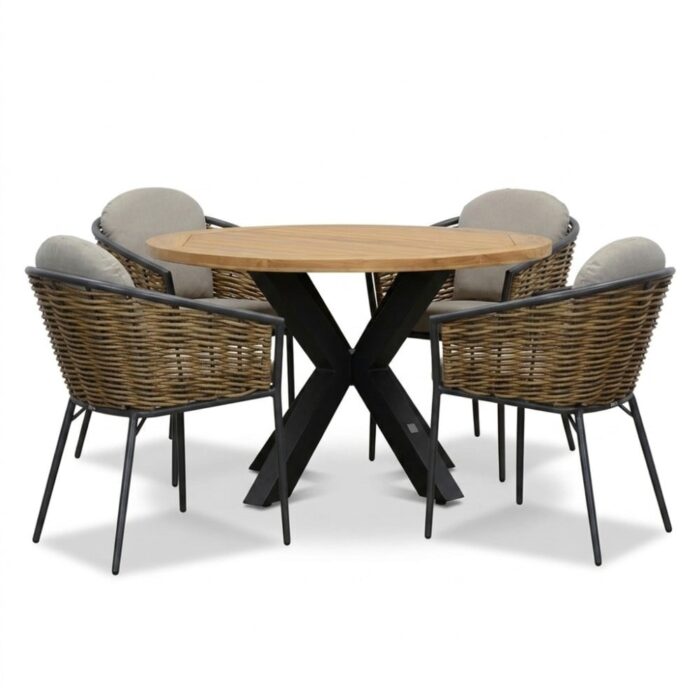 LUX outdoor living Cleve antraciet/Lucca dining tuinset | 4 personen | teakhout + wicker | 120cm rond