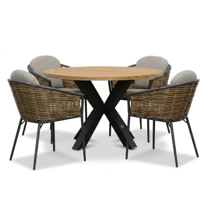 LUX outdoor living Cleve antraciet/Lucca dining tuinset | 4 personen | teakhout + wicker | 120cm rond