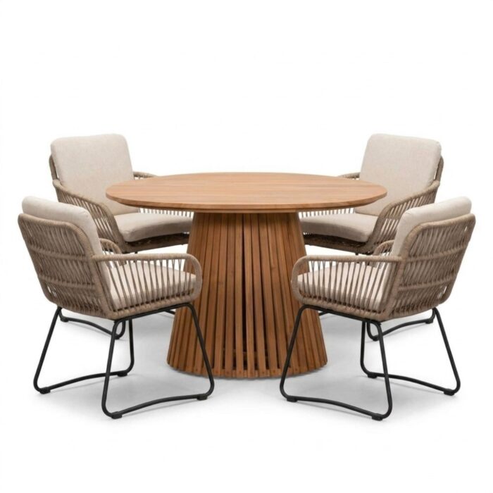 BUITEN living Palau/Harper Sahara Dust dining tuinset | 4 personen | teakhout + touw | Ø120cm – Natural Teak