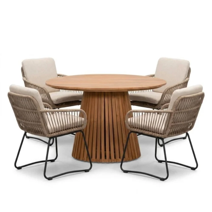 BUITEN living Palau/Harper Sahara Dust dining tuinset | 4 personen | teakhout + touw | Ø120cm - Natural Teak