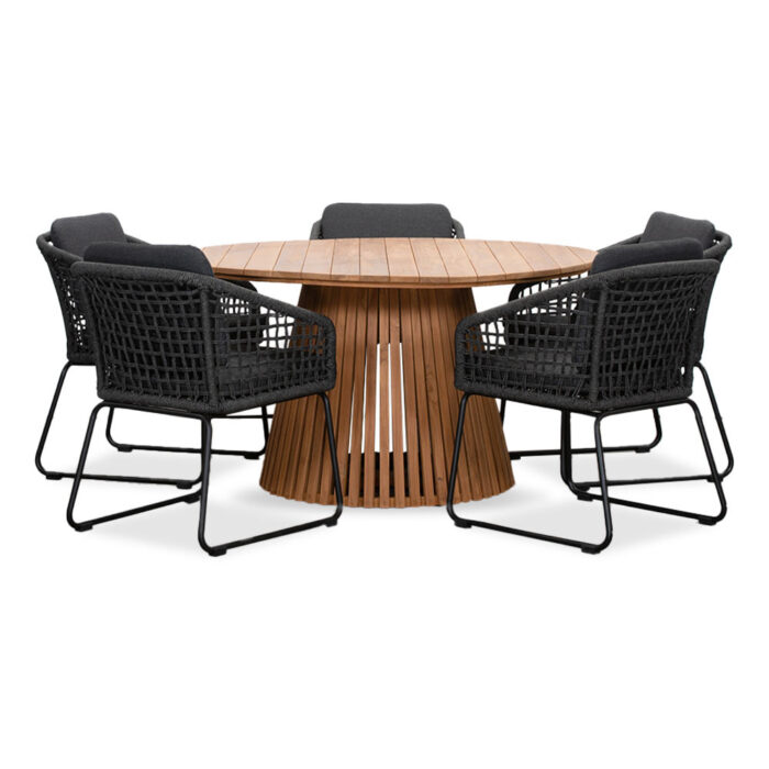 BUITEN living Palau/Tulum Lava Grey dining tuinset | 5 personen | teakhout + touw | 140cm rond – Grijs