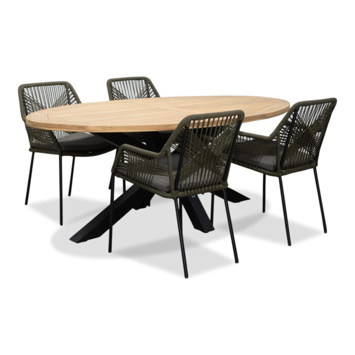 LUX outdoor living Cleve/Seville olijfgroen dining tuinset | 4 personen | teakhout + touw | 200cm ovaal – Grijs