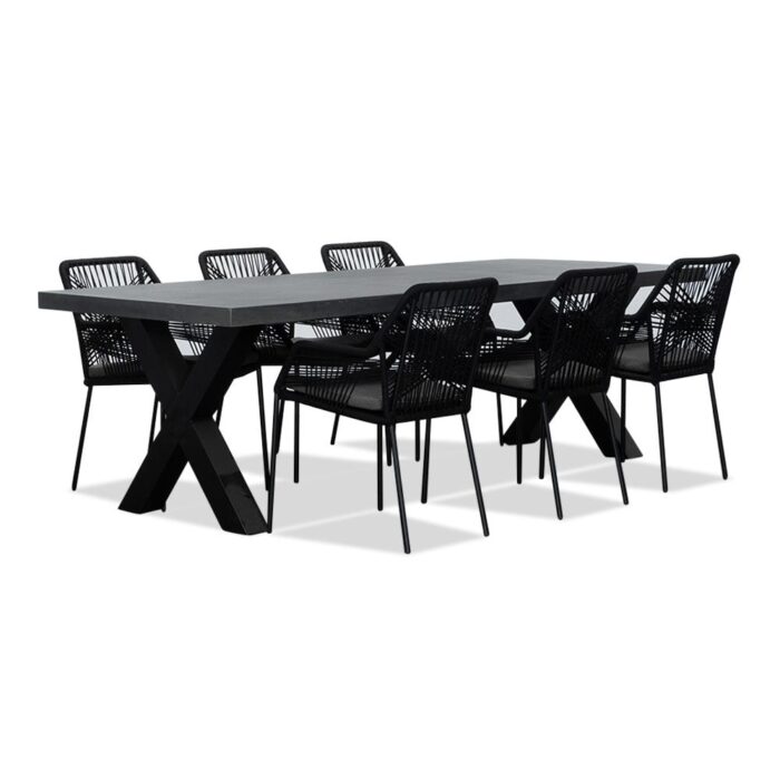 BUITEN living Lyon/Seville zwart dining tuinset | 6 personen | betonlook + touw | 250cm – Grijs