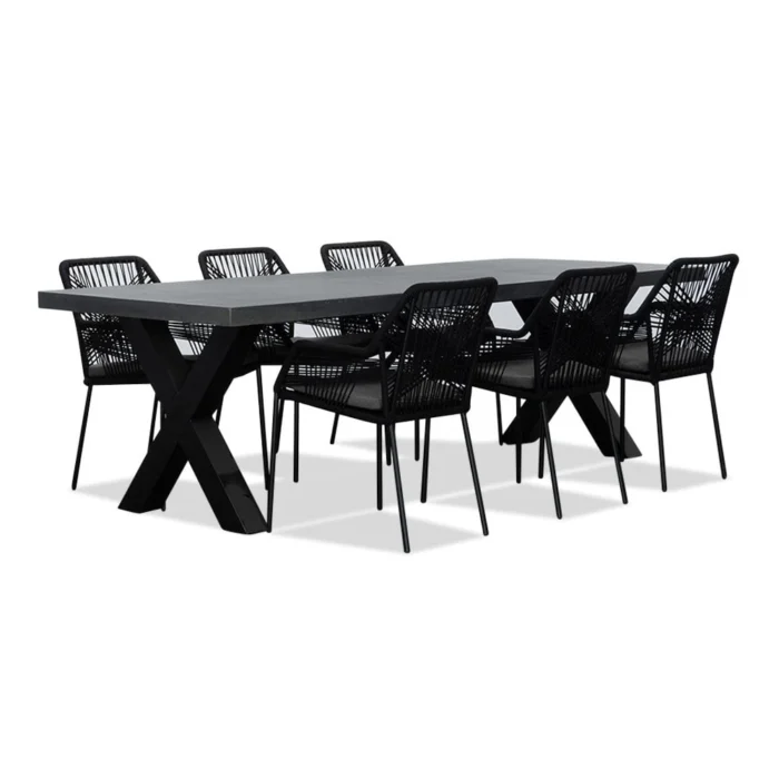 BUITEN living Lyon/Seville zwart dining tuinset | 6 personen | betonlook + touw | 250cm - Grijs