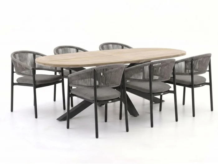 Bellagio tuinmeubelen Panaro/ROUGH-Y Ellips 240cm dining tuinset 7-delig stapelbaar - Grijs
