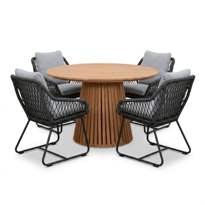 BUITEN living Palau/Portofino Stone Grey dining tuinset | 4 personen | teakhout + touw | Ø120cm rond – Natural Teak
