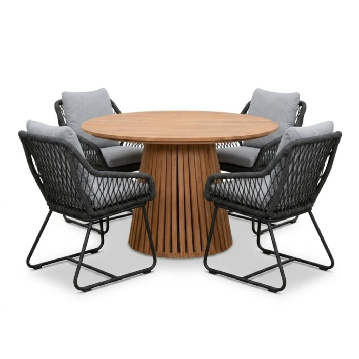 BUITEN living Palau/Portofino Stone Grey dining tuinset | 4 personen | teakhout + touw | Ø120cm rond - Natural Teak