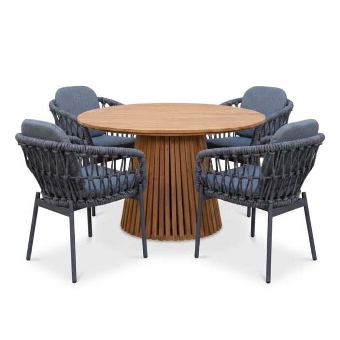 BUITEN living Palau/Femke antraciet dining tuinset | 4 personen | teakhout + touw | Ø120cm rond
