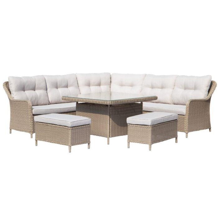 Denza Furniture Arizona dining loungeset 7 personen | wicker + aluminium | Royal Sand | 6-delig 245x245cm – Taupe – Naturel – Bruin