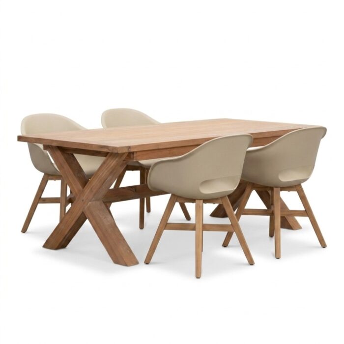 BUITEN living Riga/Karlstad beige dining tuinset | 4 personen | teakhout + kunststof | 200cm
