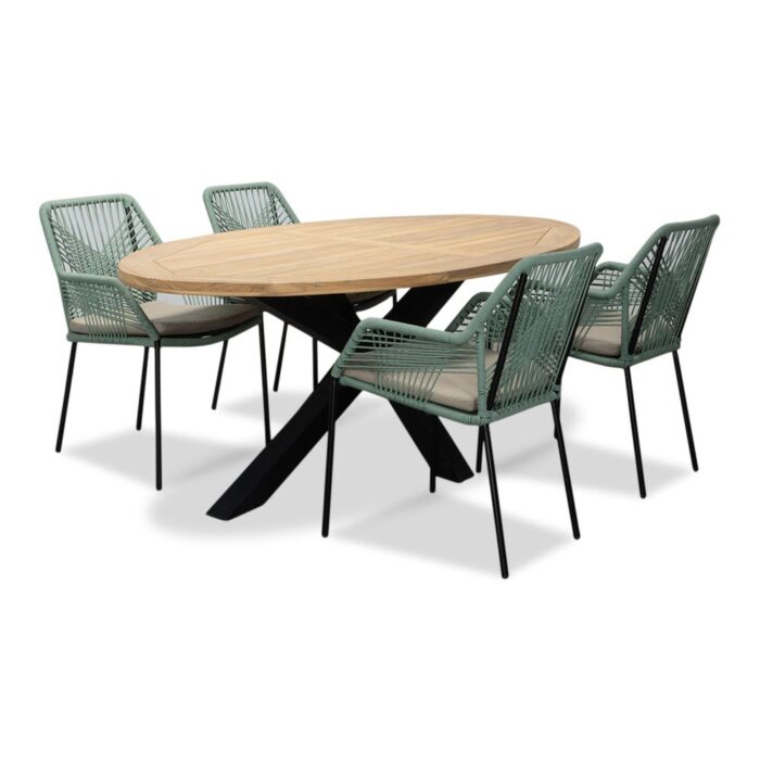 LUX outdoor living Cleve/Seville mint dining tuinset | 4 personen | teakhout + touw | 200cm ovaal – Zwart