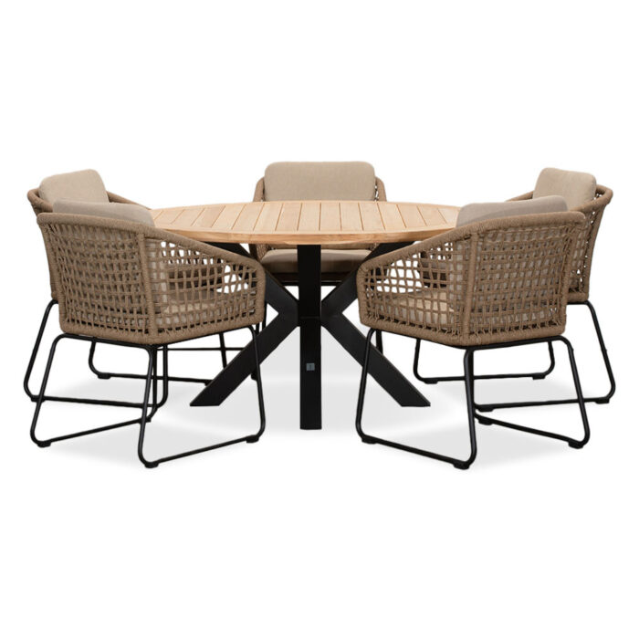 LUX outdoor living Cleve/Tulum Sahara Dust dining tuinset | 5 personen | teakhout + touw | 140cm rond – Zand