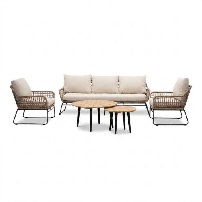 BUITEN living Valencia/Palermo stoel-bank loungeset 5 personen | touw + aluminium | Sahara Dust | 3-delig – Taupe – Naturel – Bruin, Beige