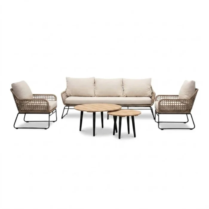BUITEN living Valencia/Palermo stoel-bank loungeset 5 personen | touw + aluminium | Sahara Dust | 3-delig - Taupe - Naturel - Bruin, Beige