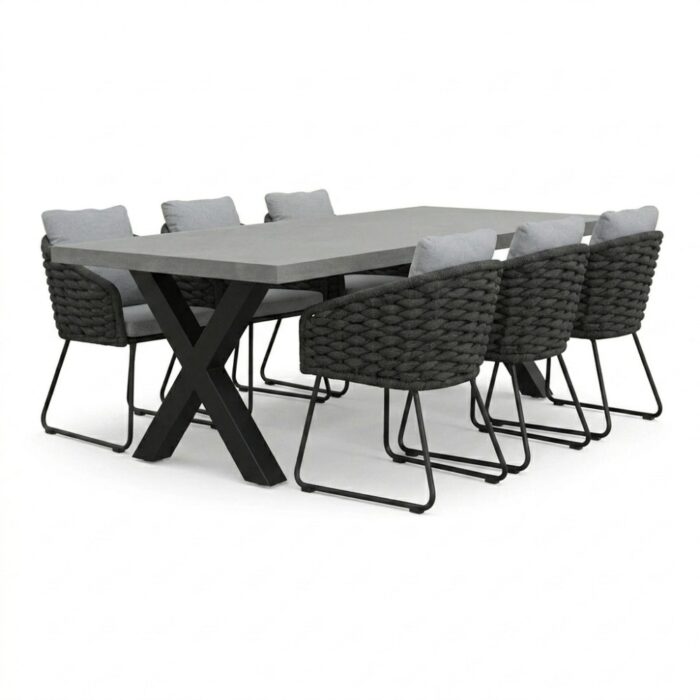 BUITEN living Lyon/Flora Stone Grey dining tuinset | 6 personen | polystone + touw | 250cm – Betonlook