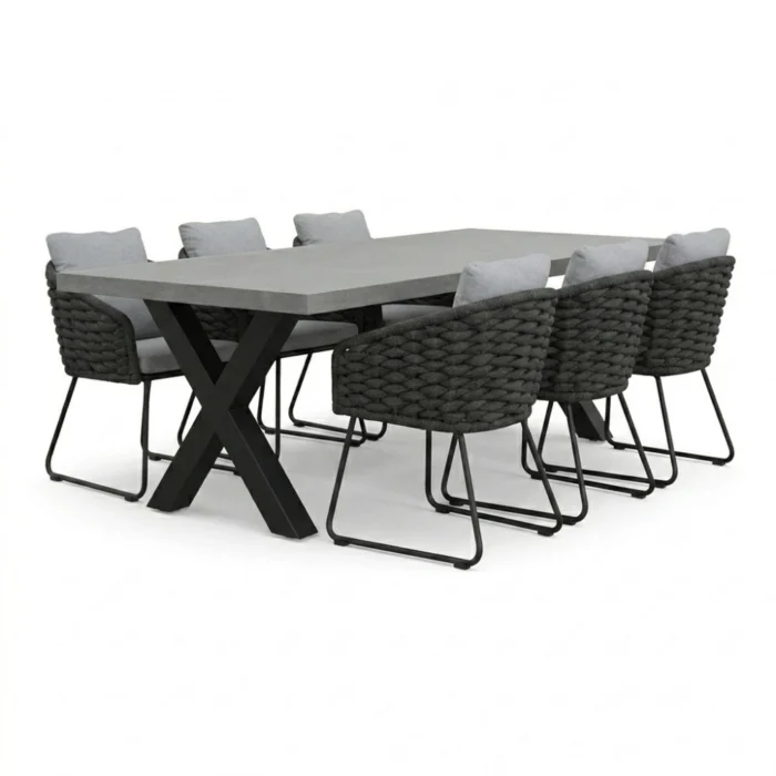 BUITEN living Lyon/Flora Stone Grey dining tuinset | 6 personen | polystone + touw | 250cm - Betonlook
