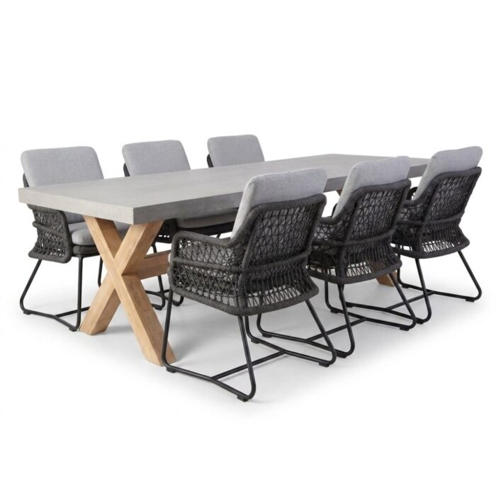 BUITEN living Norwich/Gianna Stone Grey dining tuinset | 6 personen | polystone + touw | 250cm – Grijs