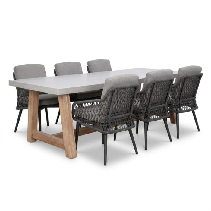 BUITEN living Veltis/Vedra antraciet dining tuinset | 6 personen | polystone + touw | 250cm