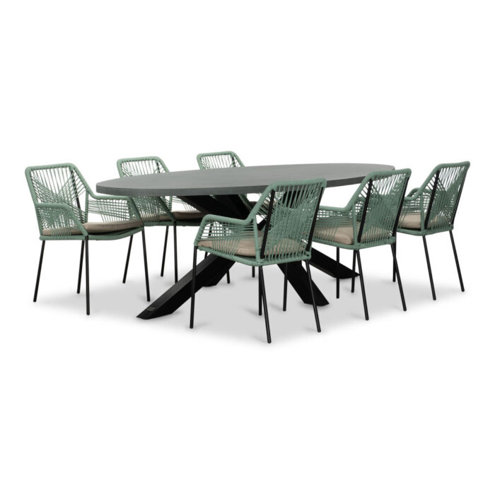 BUITEN living Stockholm/Seville mint dining tuinset | 6 personen | betonlook + touw | 240cm ovaal – Zand