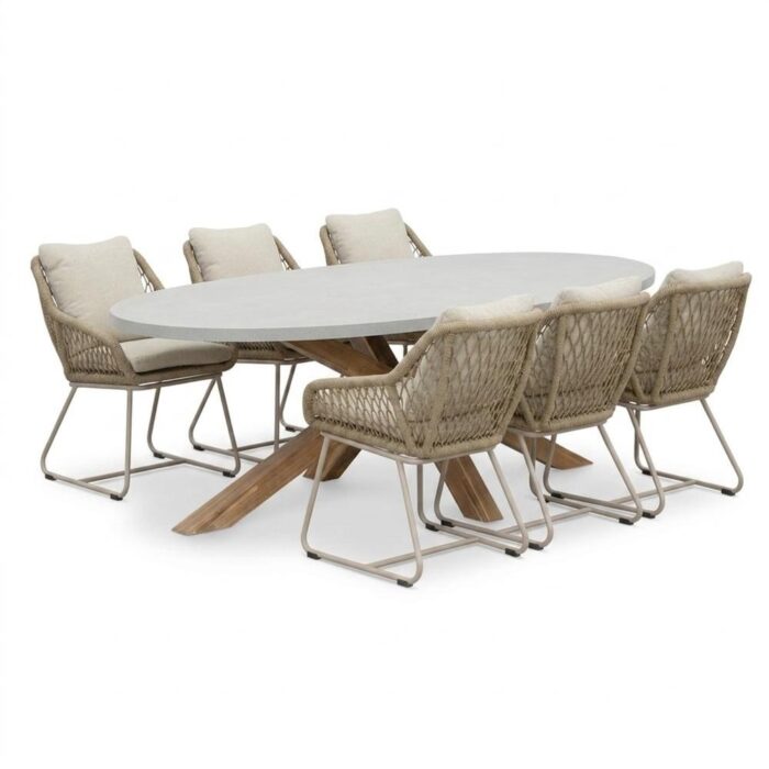 BUITEN living Livorno/Portofino Sandstone dining tuinset | 6 personen | polystone + touw | 240cm – Taupe – Naturel – Bruin, Beige