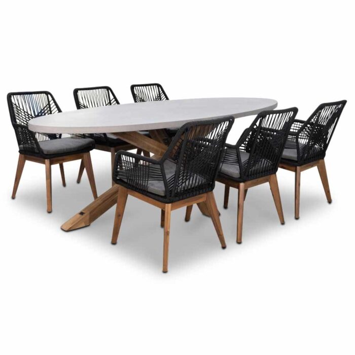 BUITEN living Livorno/Seville hout zwart dining tuinset | 6 personen | betonlook + touw | 240cm