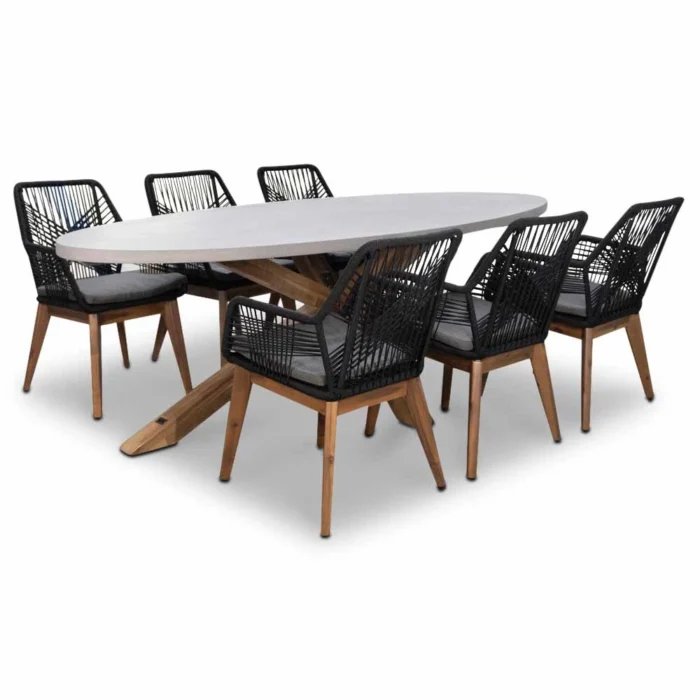 BUITEN living Livorno/Seville hout zwart dining tuinset | 6 personen | betonlook + touw | 240cm