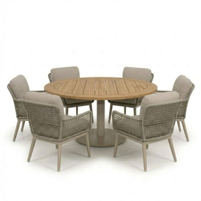 LUX outdoor living Ventura beige/Mila beige low dining tuinset | 6 personen | teakhout + touw | 160cm rond
