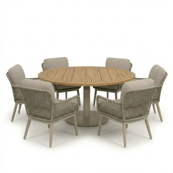 LUX outdoor living Ventura beige/Mila beige low dining tuinset | 6 personen | teakhout + touw | 160cm rond
